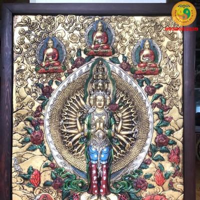 Tranh Thangka Kiểu cổ 3D Thiên Thủ Quan Âm